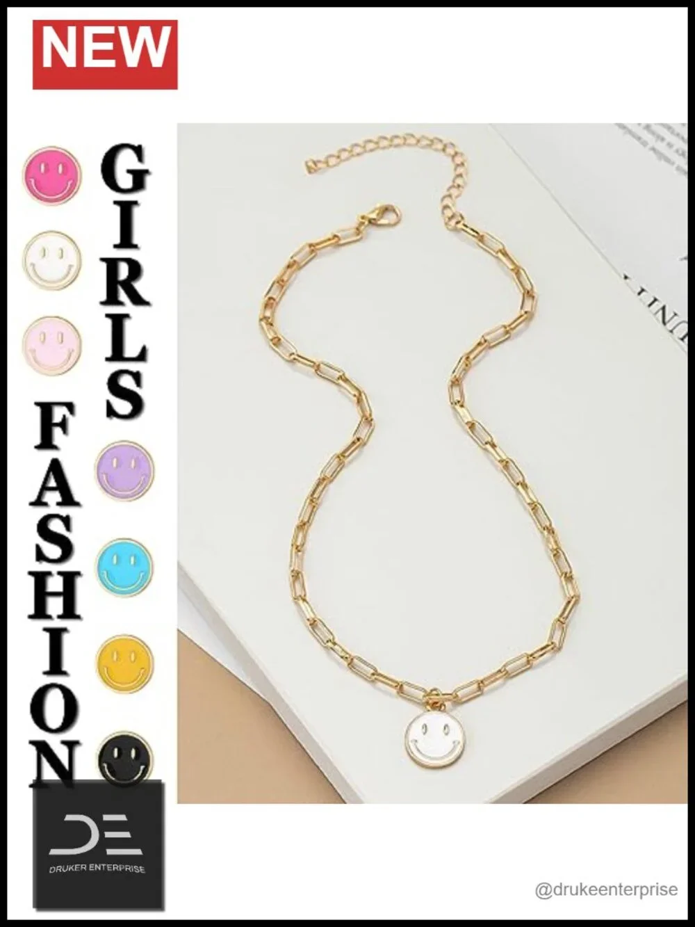 Smile Pendant Necklace Paperclip Chain Cute Round Pendant Preppy Jewelry for